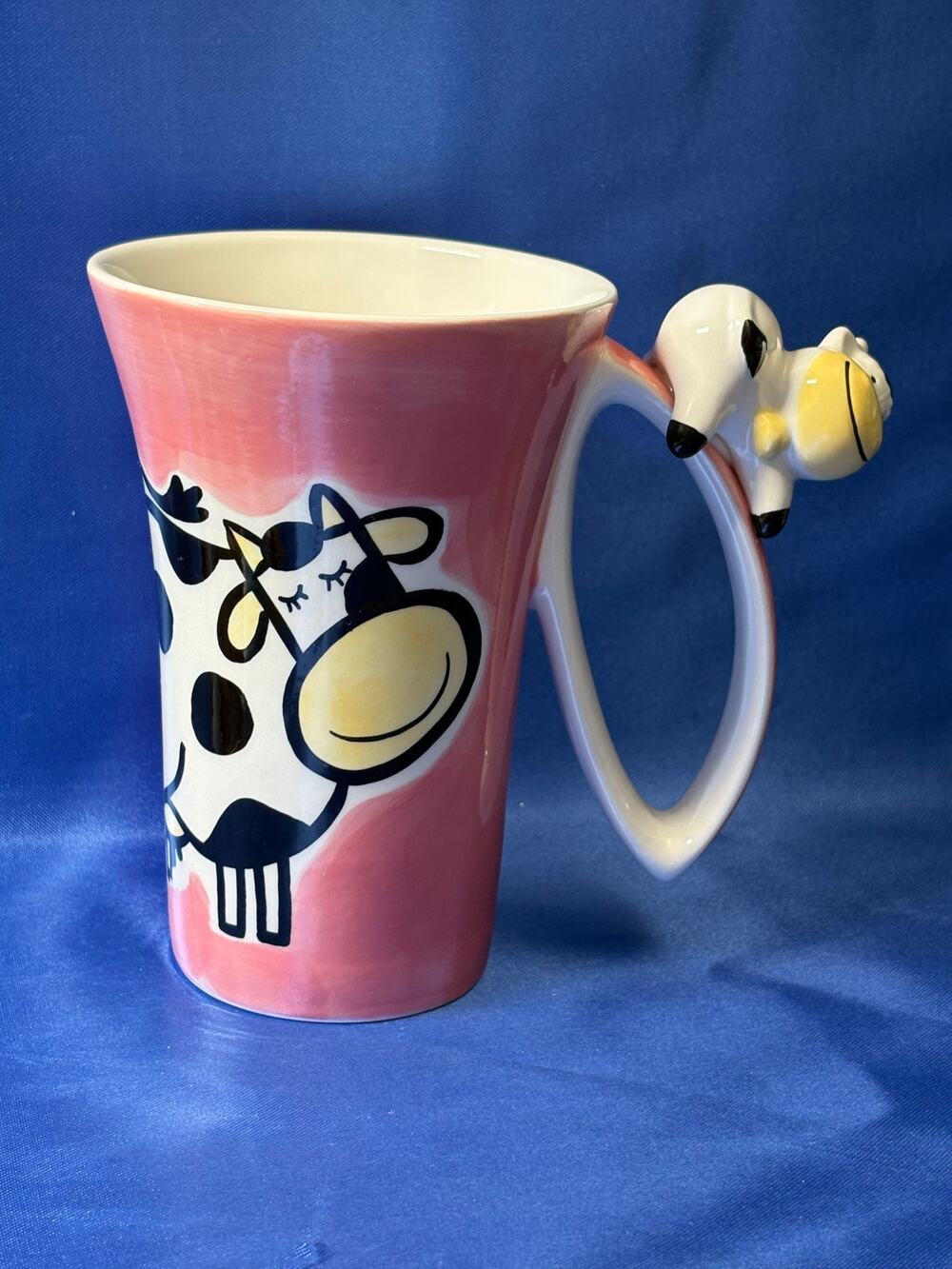 Pink Mug with Cow Design and 3D Handle Indra Fine Stoneware
